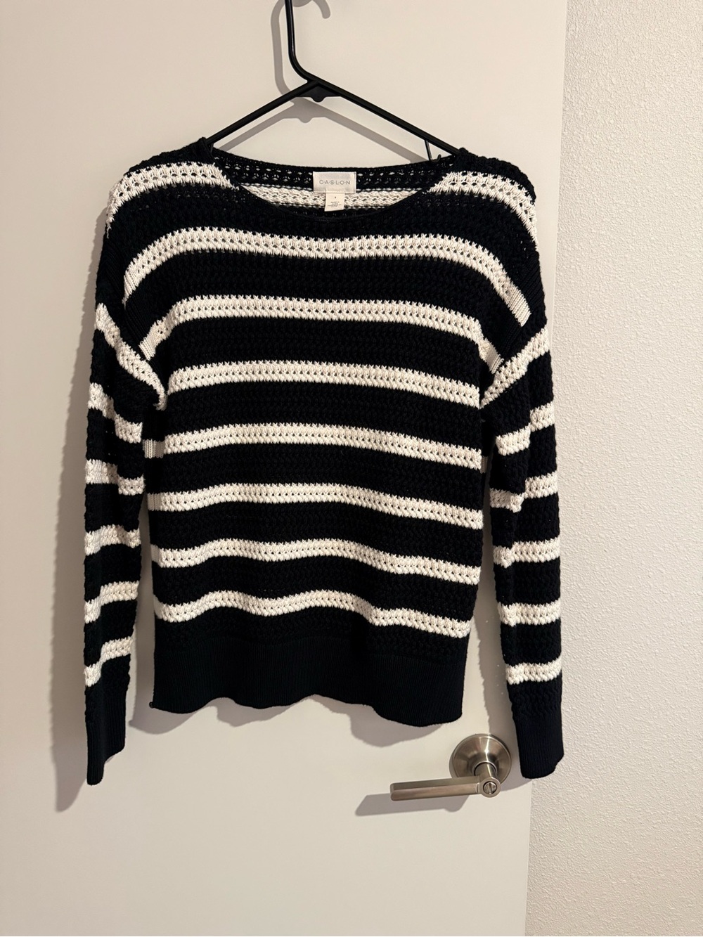 Caslon Black and White Striped Crochet Crew Sweater